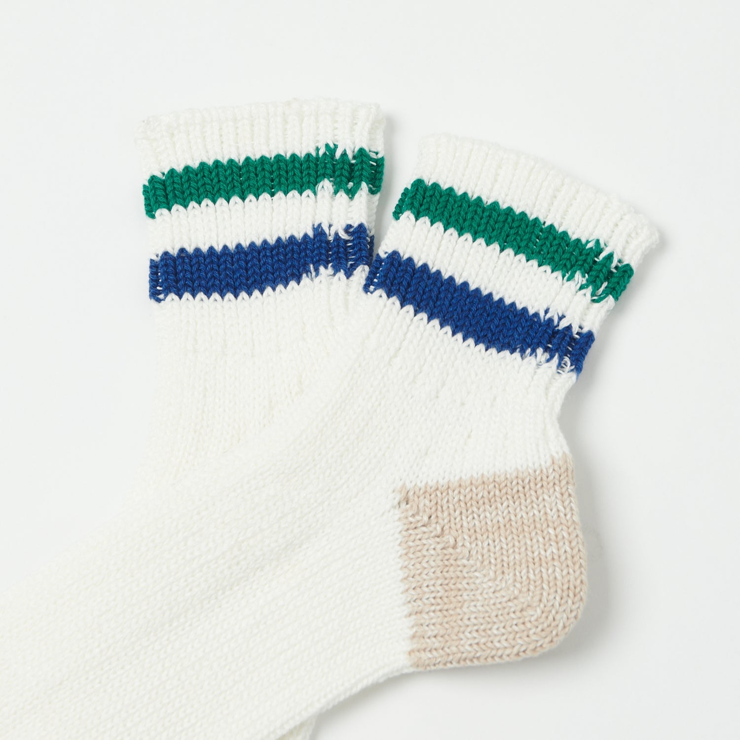 RoToTo Oldschool Ribbed Ankle Sock - White/Green/Dark Blue