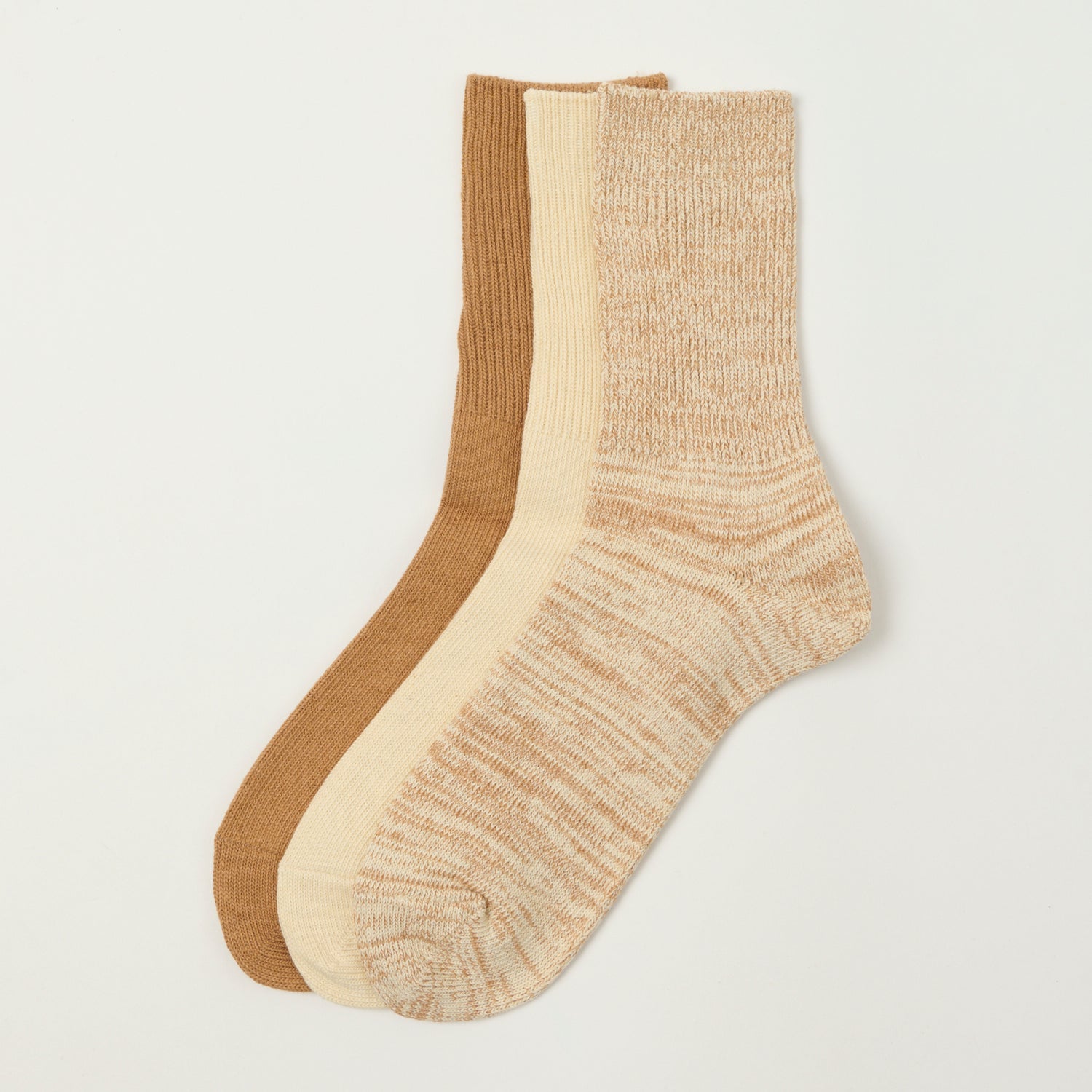 RoToTo Organic Daily Three Pack Ribbed Crew Sock - Ecru/Brown